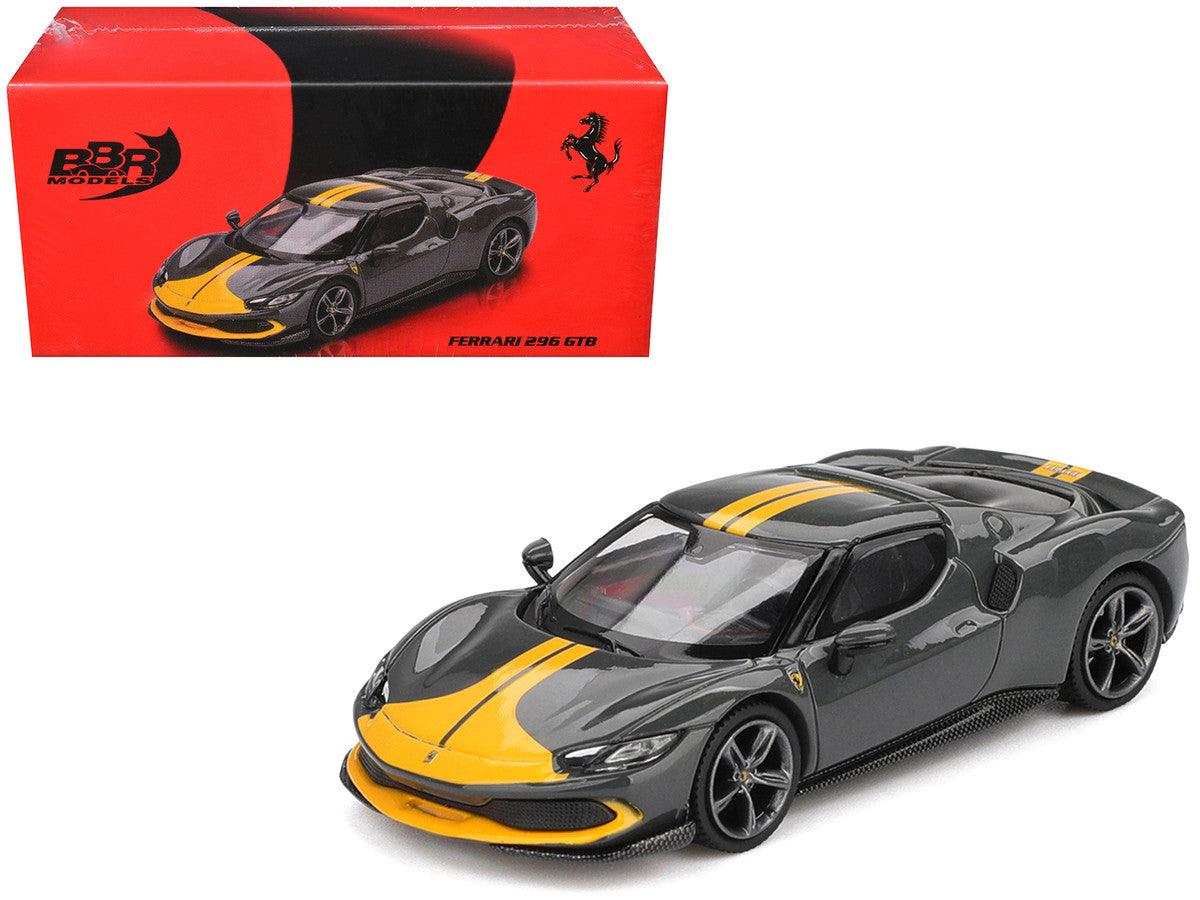 Ferrari 296 GTB Assetto Fiorano Grigio Scuro (Dark Gray) with Yellow Stripes 1/64 Diecast Model Car by BBR
