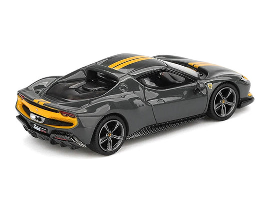 Ferrari 296 GTB Assetto Fiorano Grigio Scuro (Dark Gray) with Yellow Stripes 1/64 Diecast Model Car by BBR