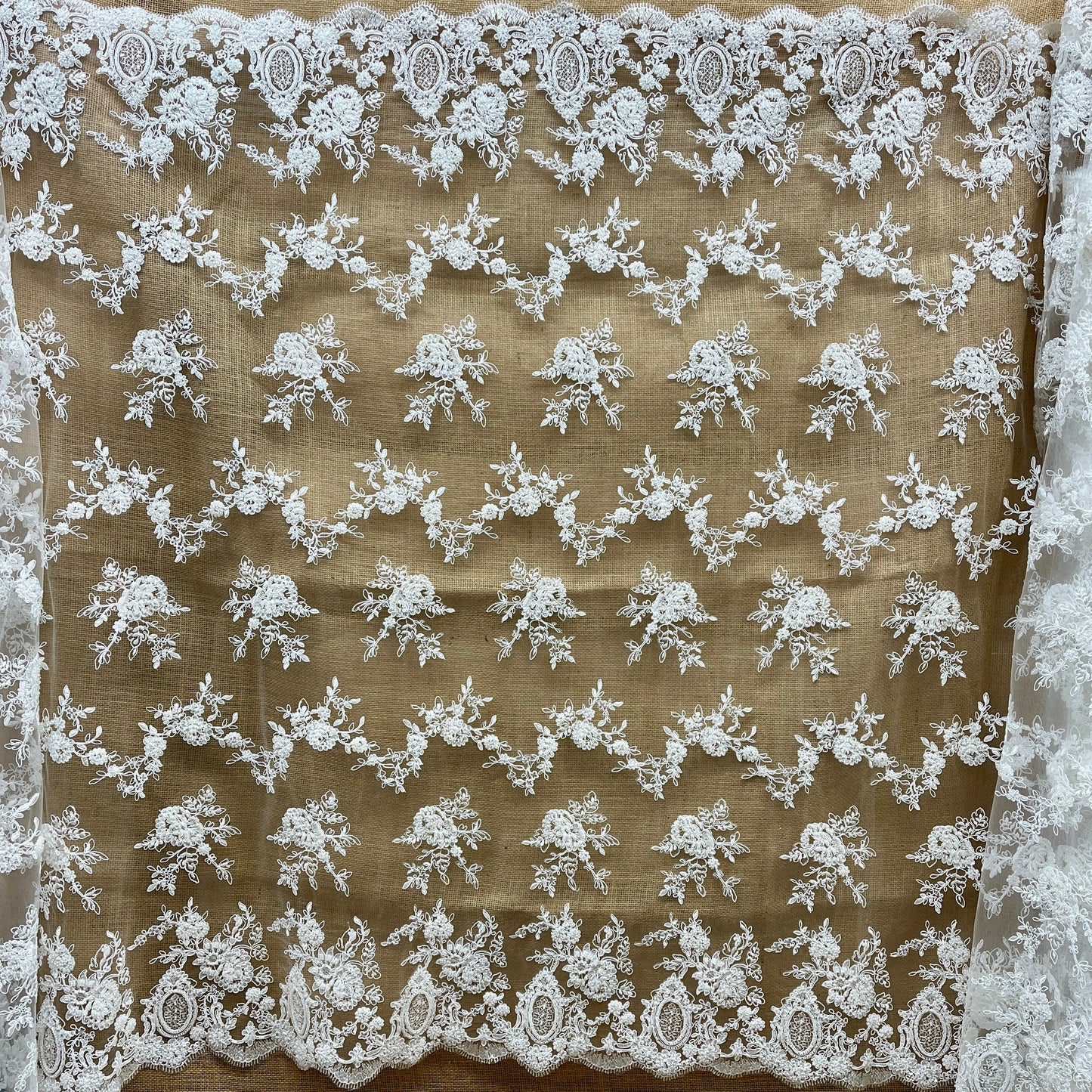 Beaded & Corded Bridal Lace Fabric Embroidered on 100% Polyester Net Mesh | Lace USA - 96788W-HB
